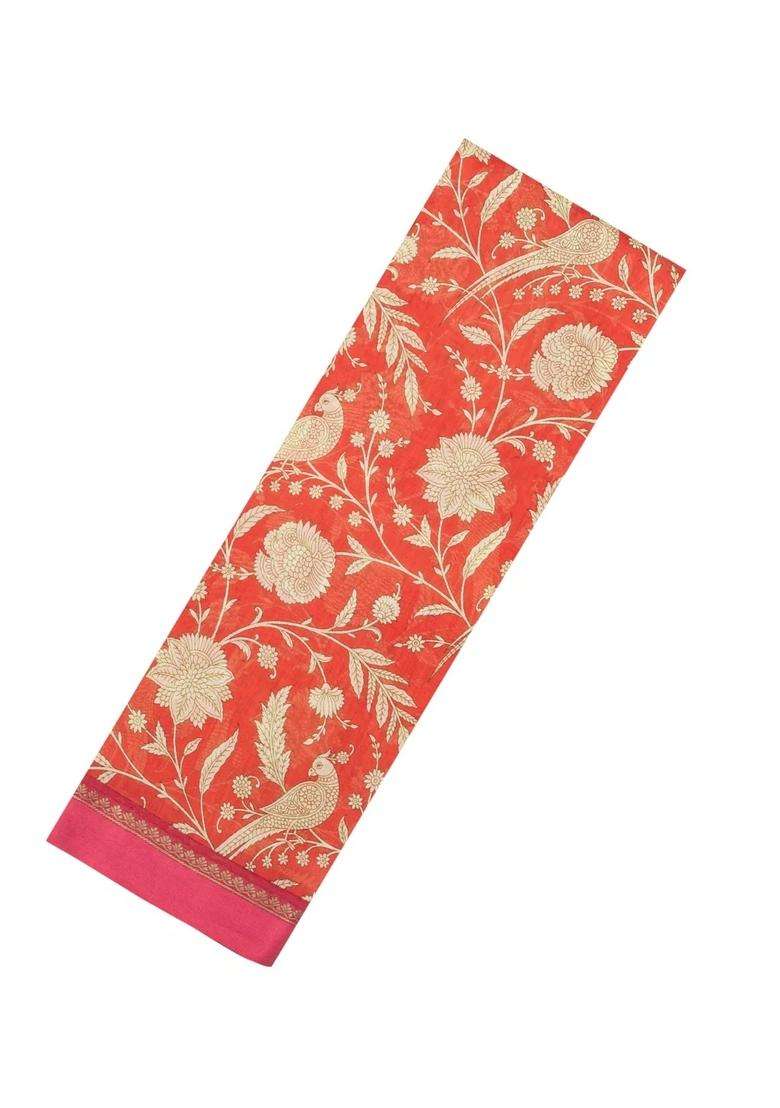 Orange Printed Chanderi Cotton Saree With Floral Motifs For Women - Indya