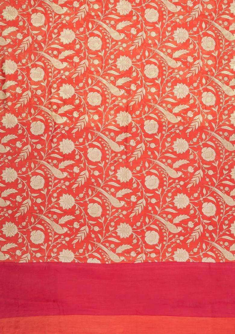 Orange Printed Chanderi Cotton Saree With Floral Motifs For Women - Indya