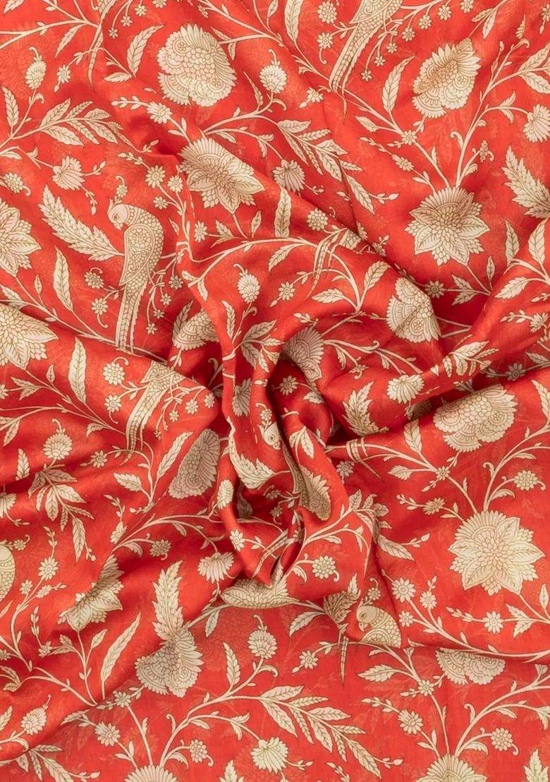 Orange Printed Chanderi Cotton Saree With Floral Motifs For Women - Indya