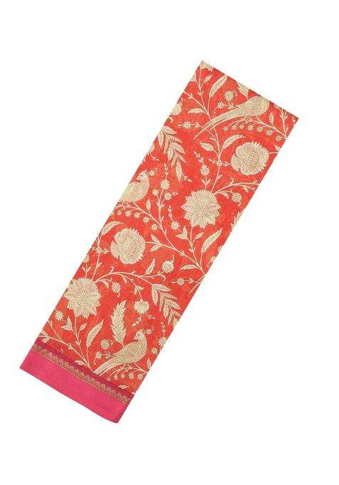 Orange Printed Chanderi Cotton Saree With Floral Motifs For Women