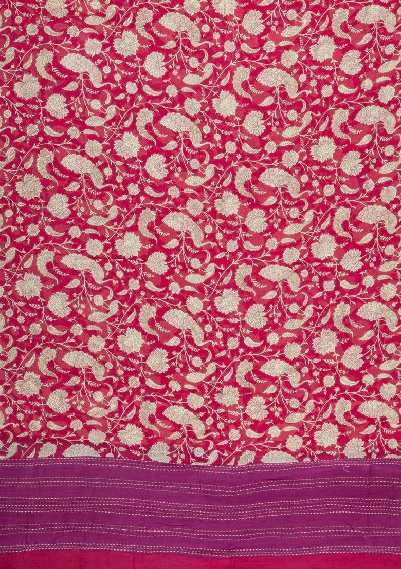 Magenta Printed Chanderi Cotton Saree With Floral Motifs For Women - Indya