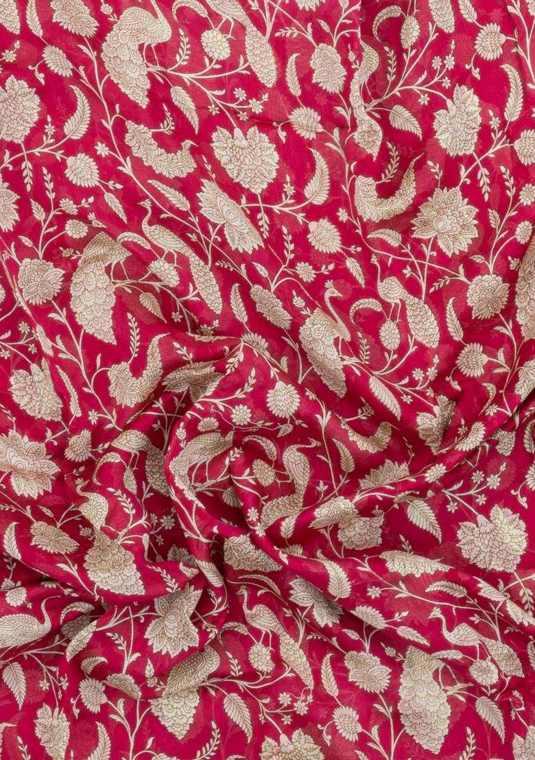 Magenta Printed Chanderi Cotton Saree With Floral Motifs For Women - Indya