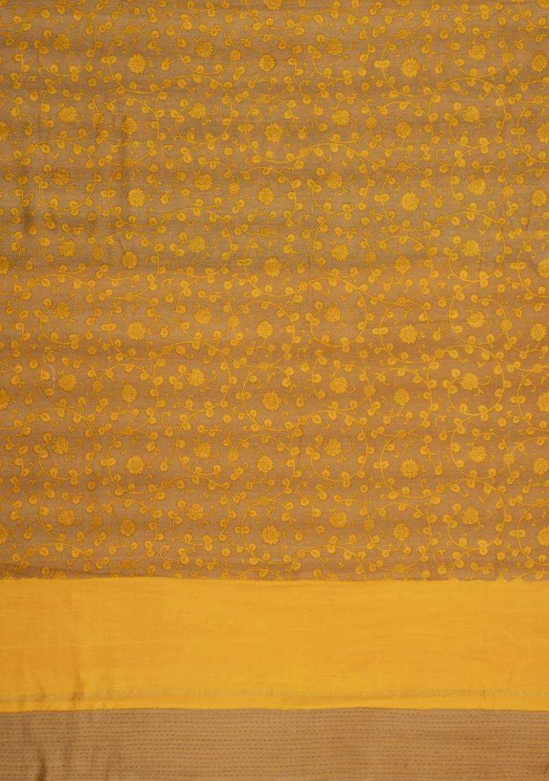 Mustard Printed Chanderi Cotton Saree With Floral Motifs For Women - Indya