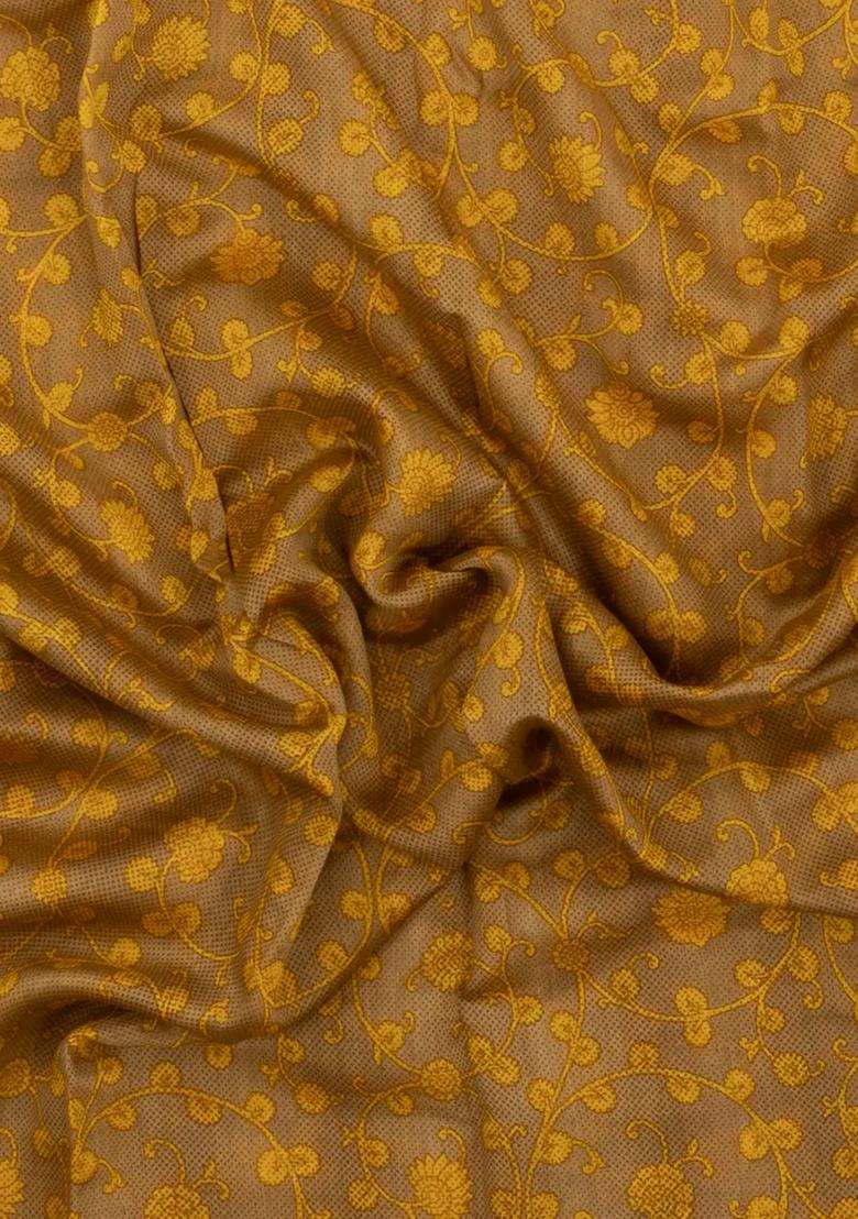 Mustard Printed Chanderi Cotton Saree With Floral Motifs For Women - Indya