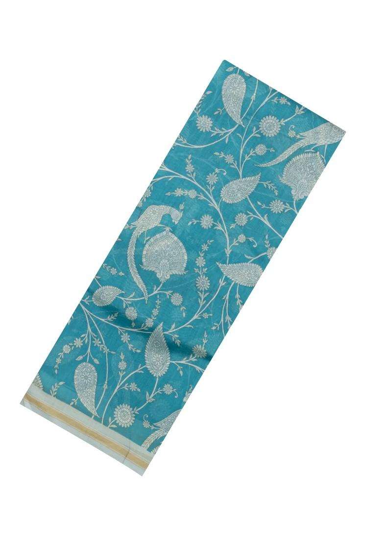 Sky Blue Printed Chanderi Cotton Saree With Floral Motifs For Women - Indya