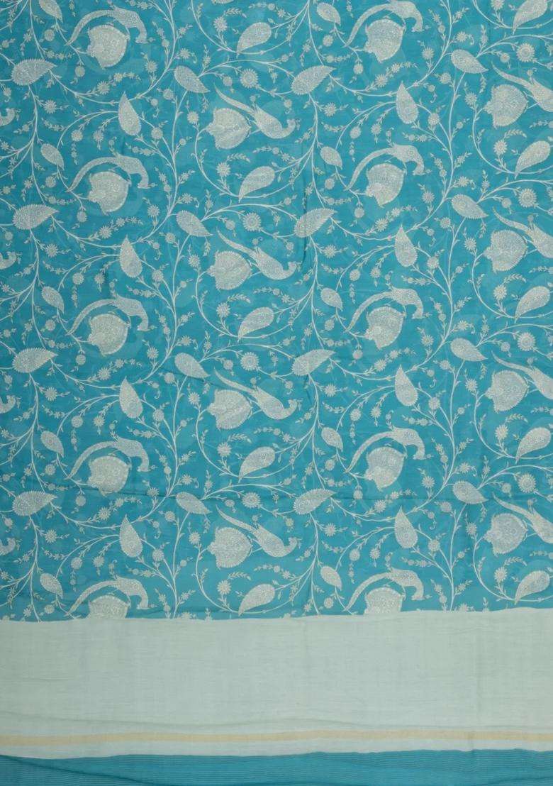 Sky Blue Printed Chanderi Cotton Saree With Floral Motifs For Women - Indya