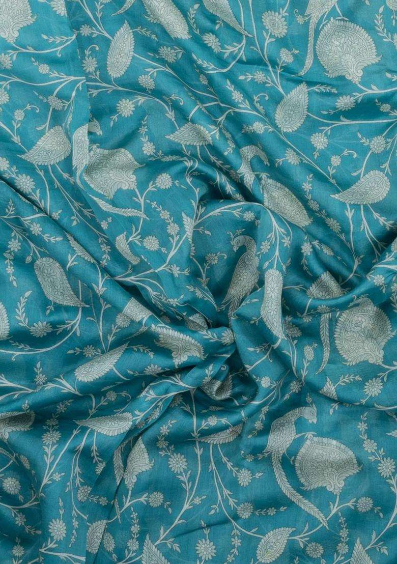 Sky Blue Printed Chanderi Cotton Saree With Floral Motifs For Women - Indya
