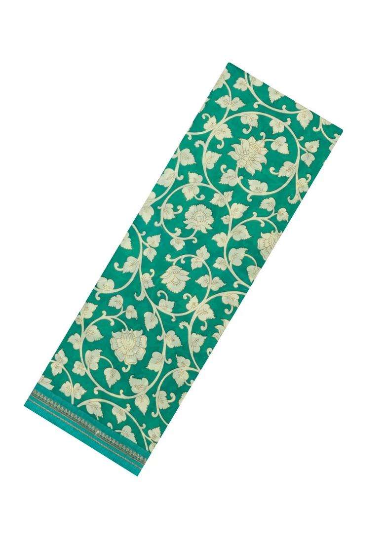 Sea Green Printed Chanderi Cotton Saree With Floral Motifs For Women - Indya