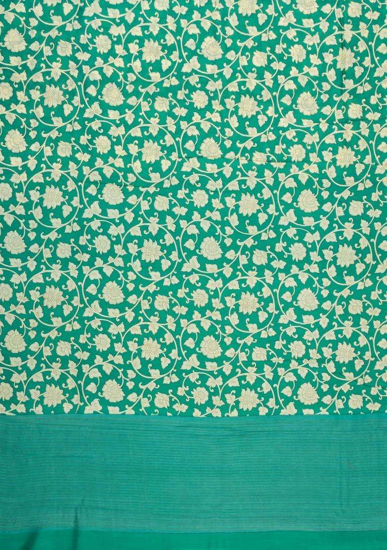 Sea Green Printed Chanderi Cotton Saree With Floral Motifs For Women - Indya