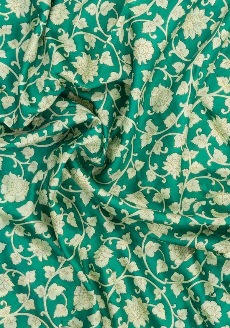 Sea Green Printed Chanderi Cotton Saree With Floral Motifs For Women - Indya