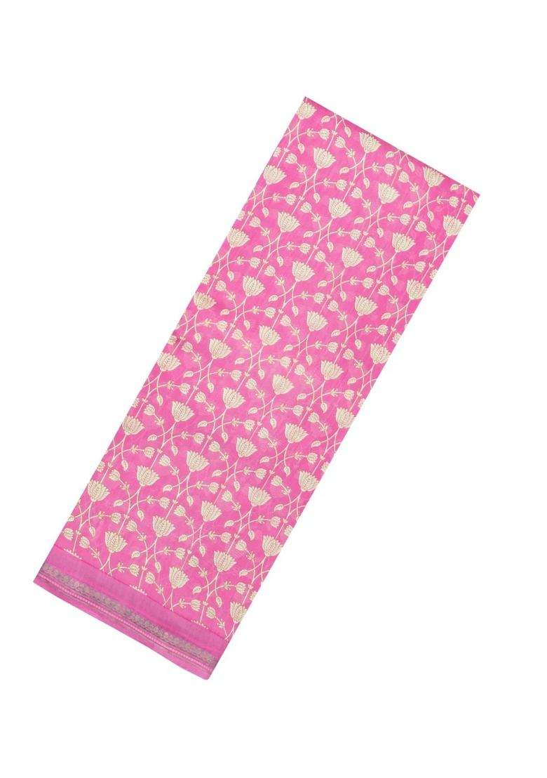Pink Printed Chanderi Cotton Saree With Floral Motifs For Women - Indya