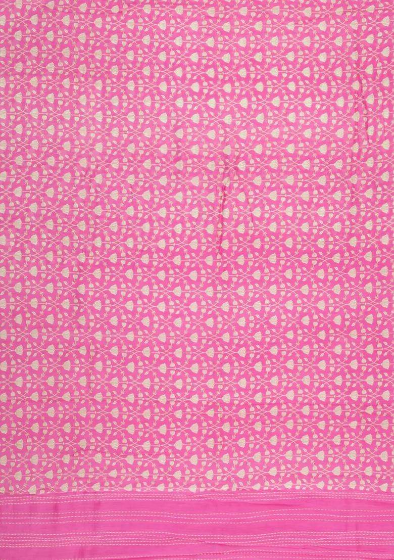 Pink Printed Chanderi Cotton Saree With Floral Motifs For Women - Indya