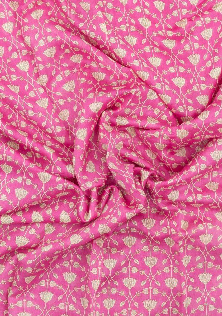 Pink Printed Chanderi Cotton Saree With Floral Motifs For Women - Indya
