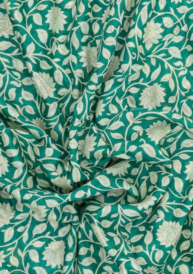 Green Printed Chanderi Cotton Saree With Floral Motifs For Women - Indya