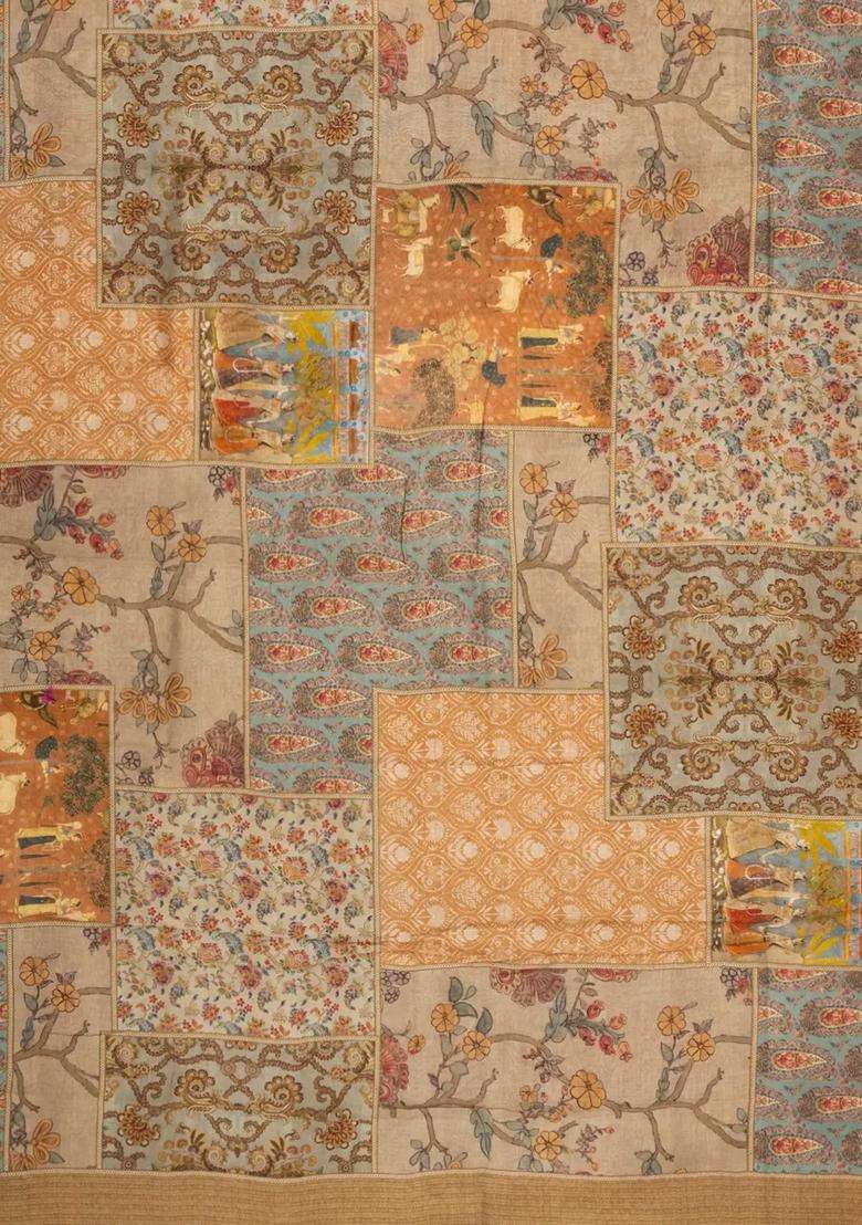 Beige Printed Chanderi Cotton Saree With Floral Motifs For Women - Indya