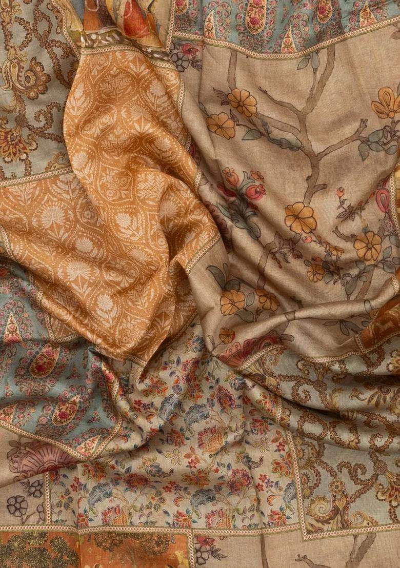 Beige Printed Chanderi Cotton Saree With Floral Motifs For Women - Indya