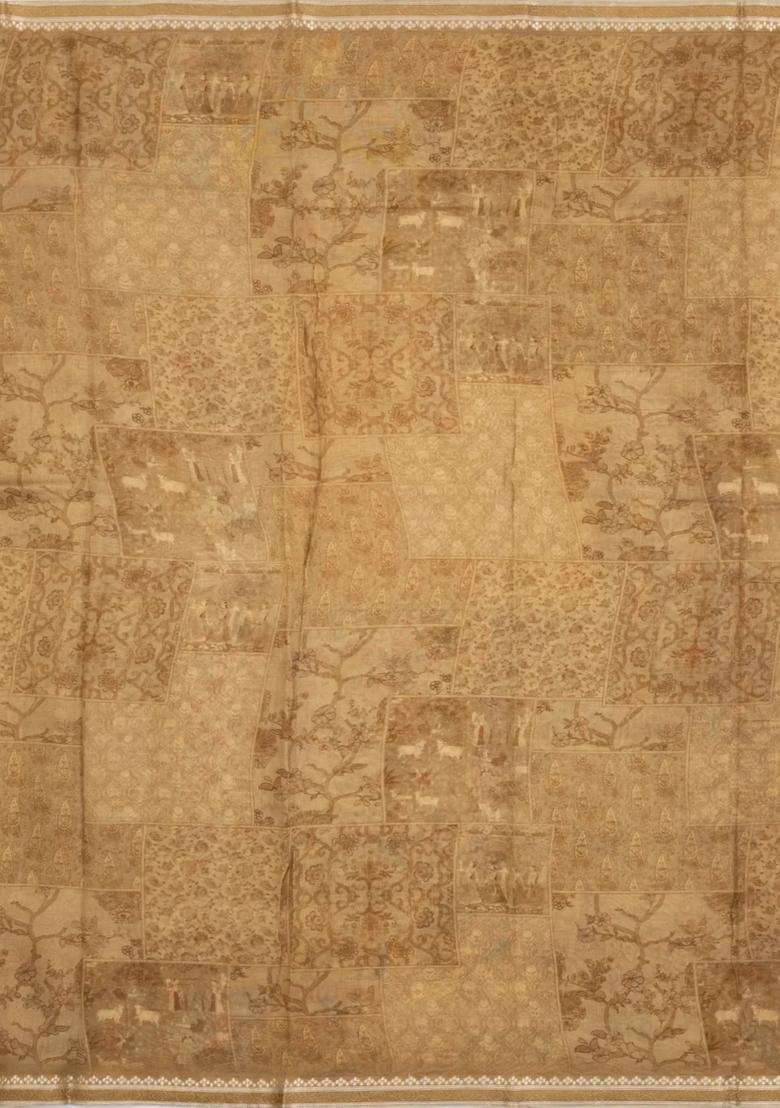 Beige Printed Chanderi Cotton Saree With Floral Motifs For Women - Indya