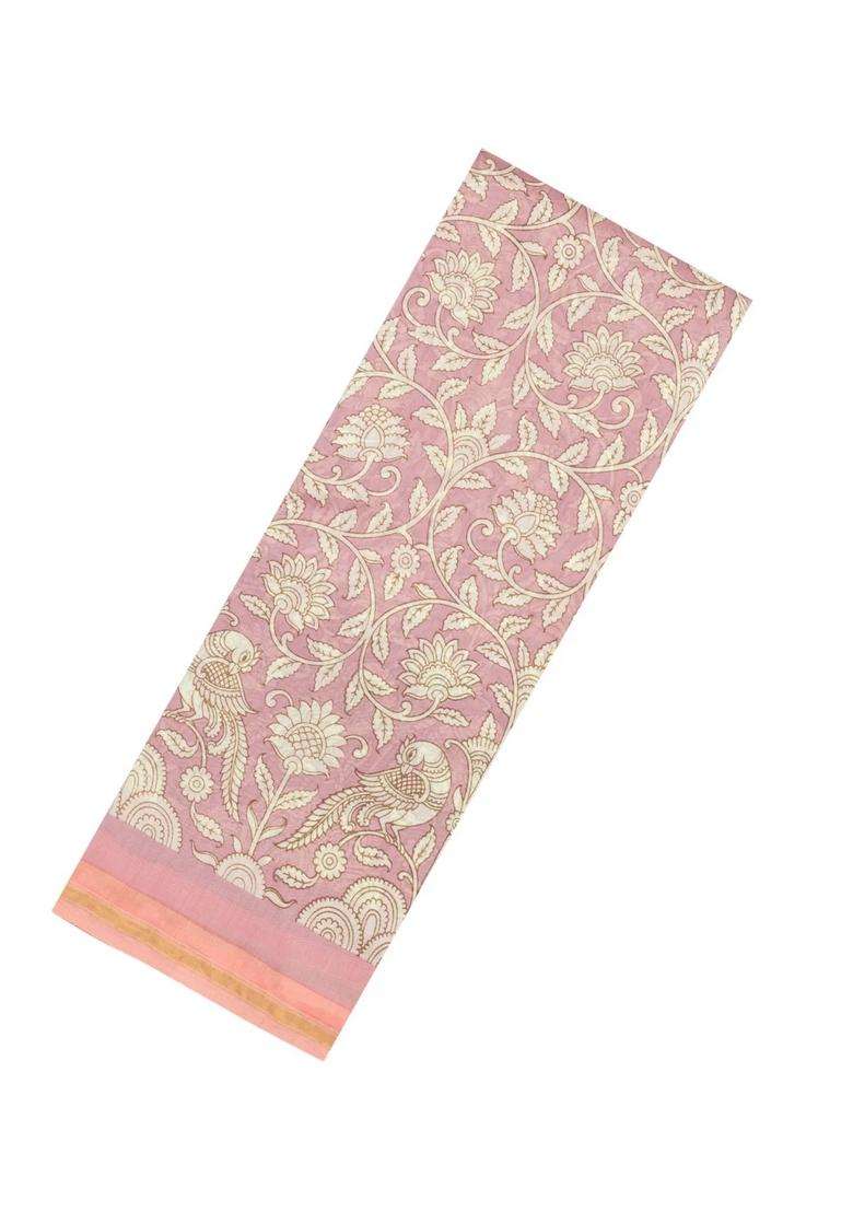 Baby Pink Printed Chanderi Cotton Saree With Floral Motifs For Women - Indya