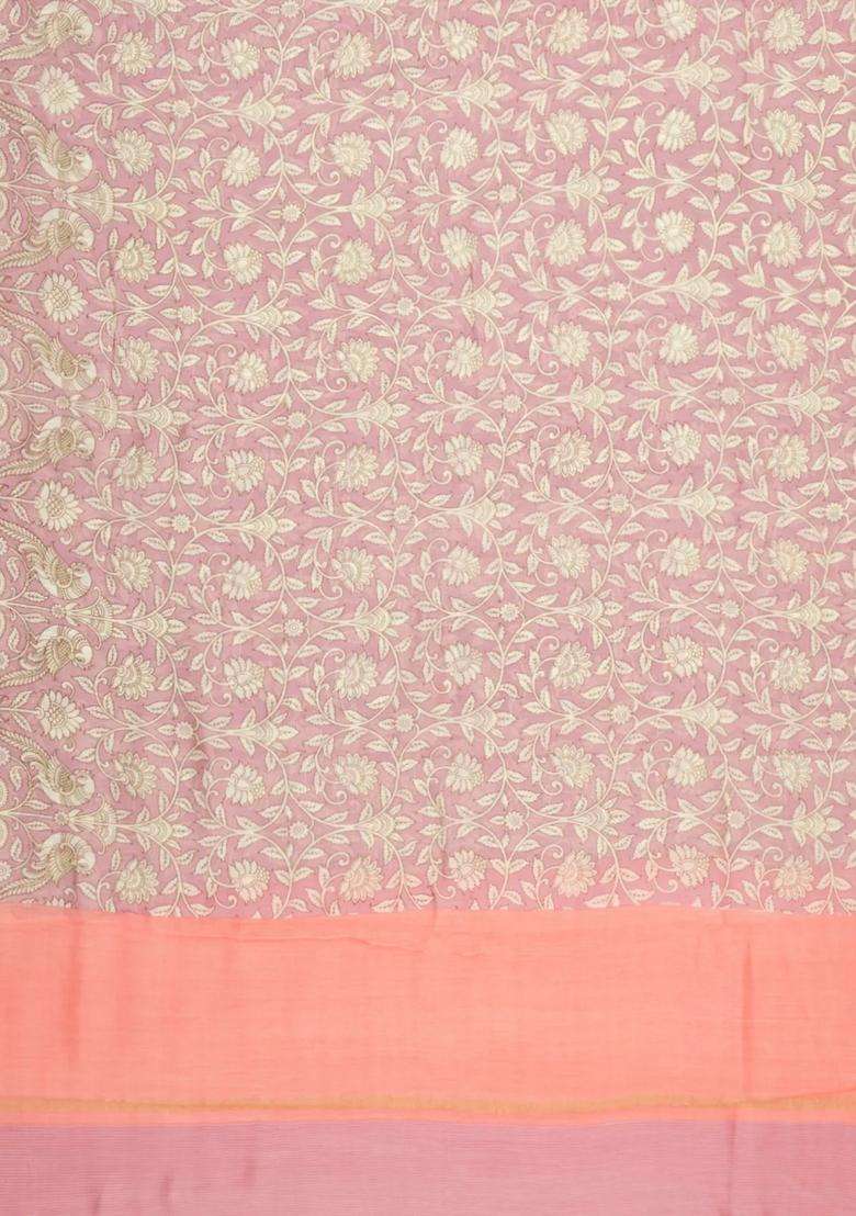 Baby Pink Printed Chanderi Cotton Saree With Floral Motifs For Women - Indya