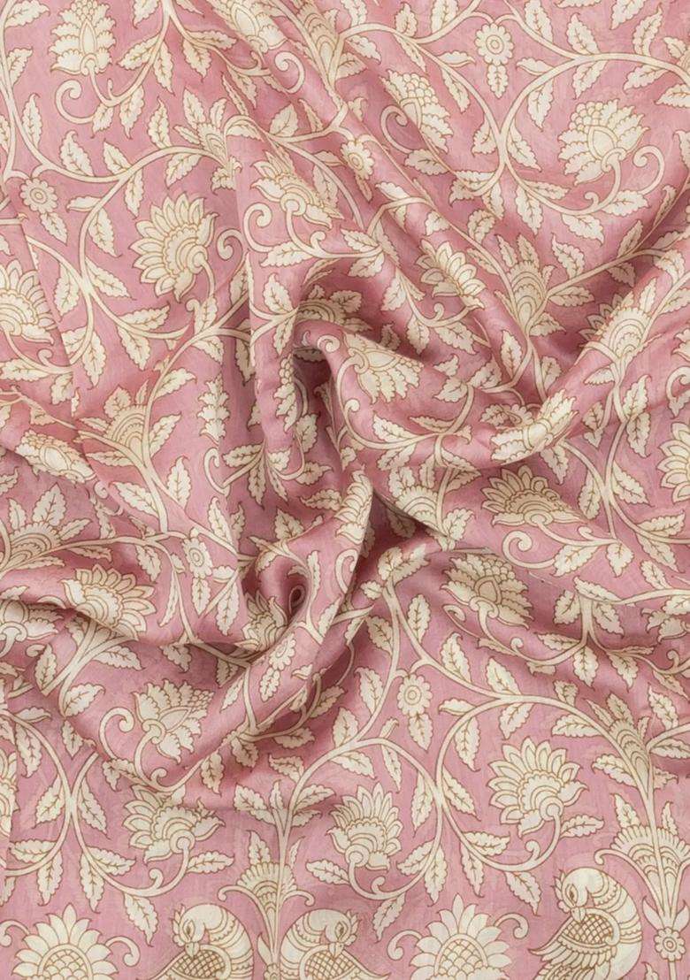 Baby Pink Printed Chanderi Cotton Saree With Floral Motifs For Women - Indya