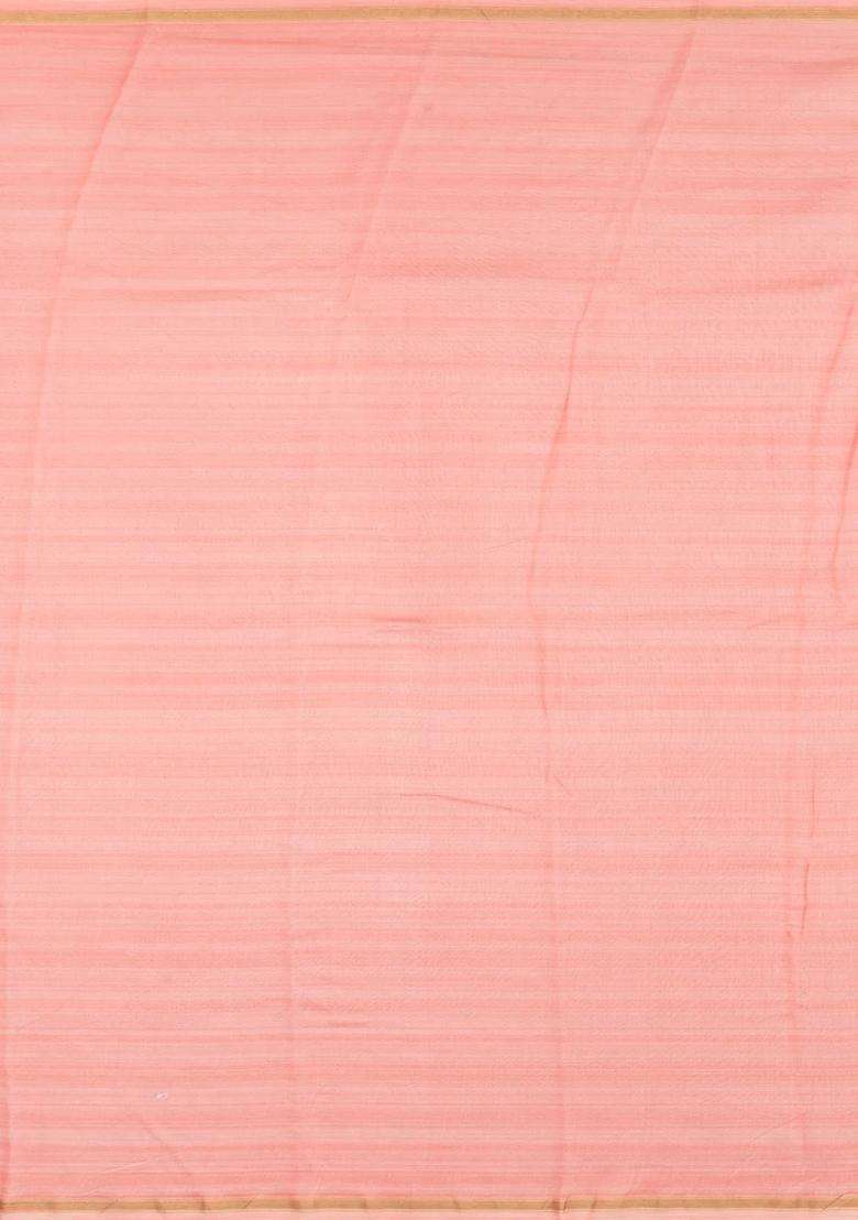 Baby Pink Printed Chanderi Cotton Saree With Floral Motifs For Women - Indya