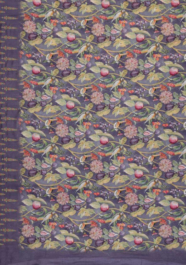Dark Grey Printed Chanderi Cotton Saree With Floral Motifs For Women - Indya