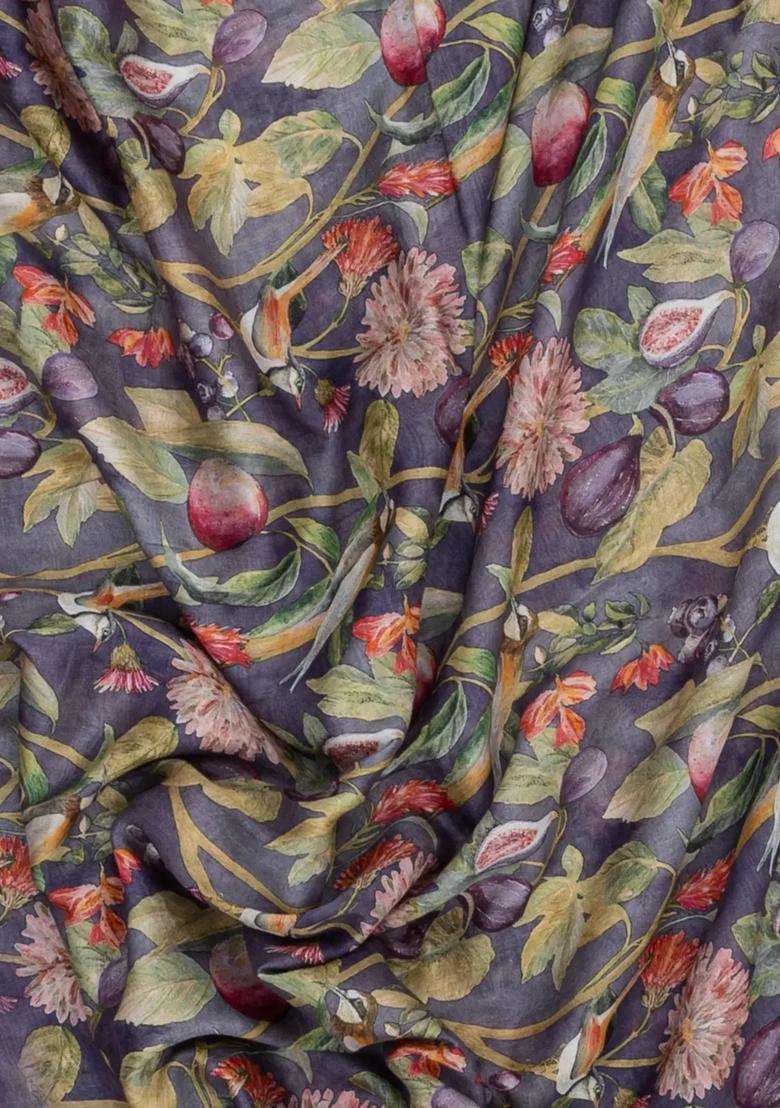 Dark Grey Printed Chanderi Cotton Saree With Floral Motifs For Women - Indya