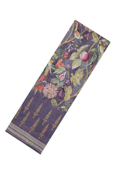 Dark Grey Printed Chanderi Cotton Saree With Floral Motifs For Women