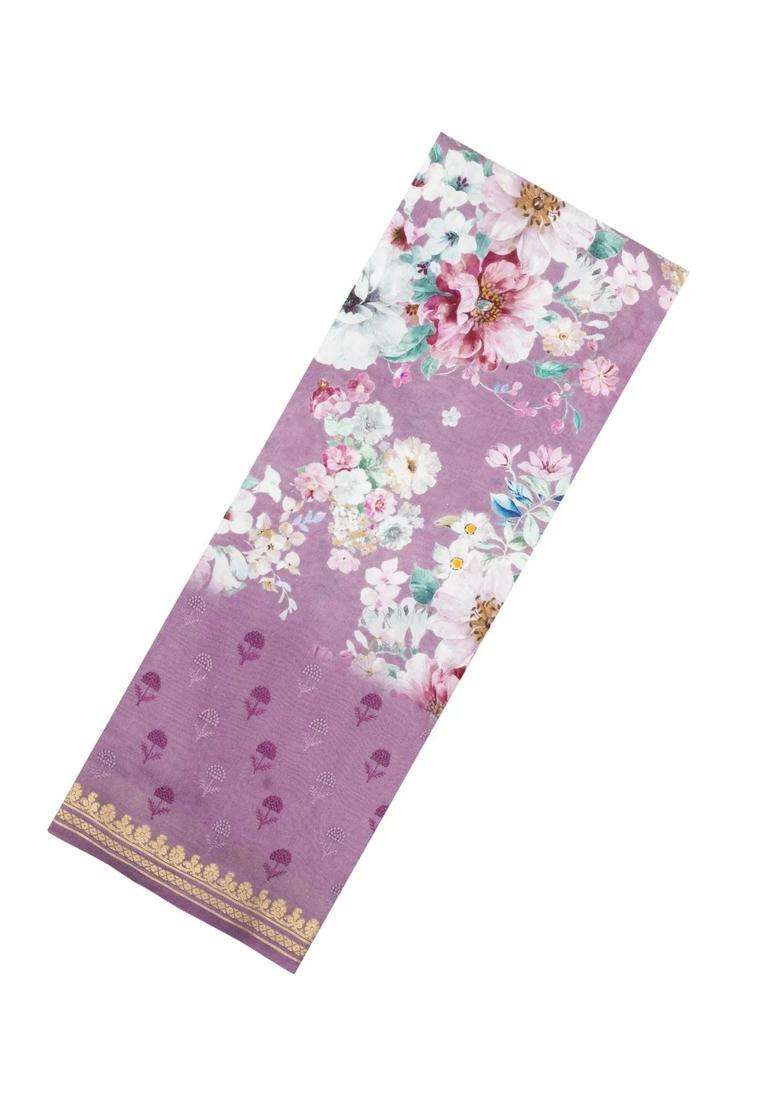 Lilac Printed Chanderi Cotton Saree With Floral Motifs For Women - Indya