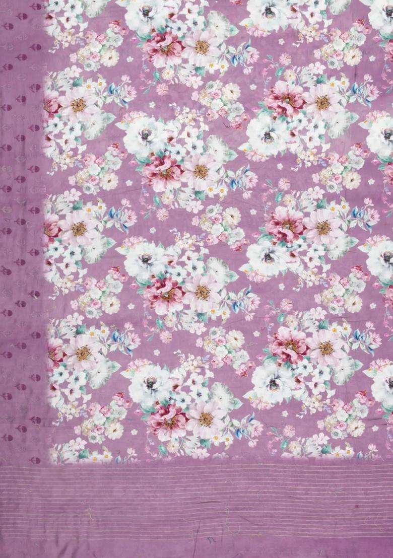 Lilac Printed Chanderi Cotton Saree With Floral Motifs For Women - Indya