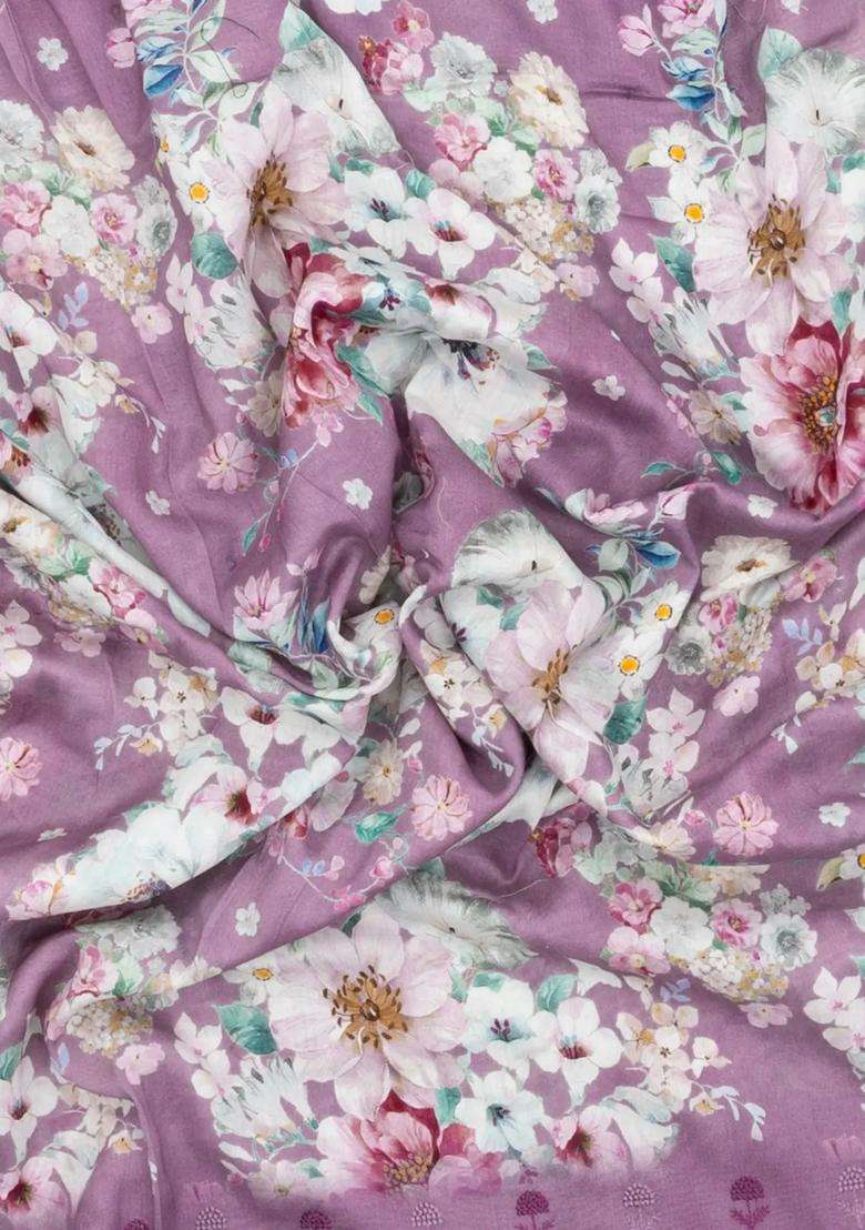 Lilac Printed Chanderi Cotton Saree With Floral Motifs For Women - Indya