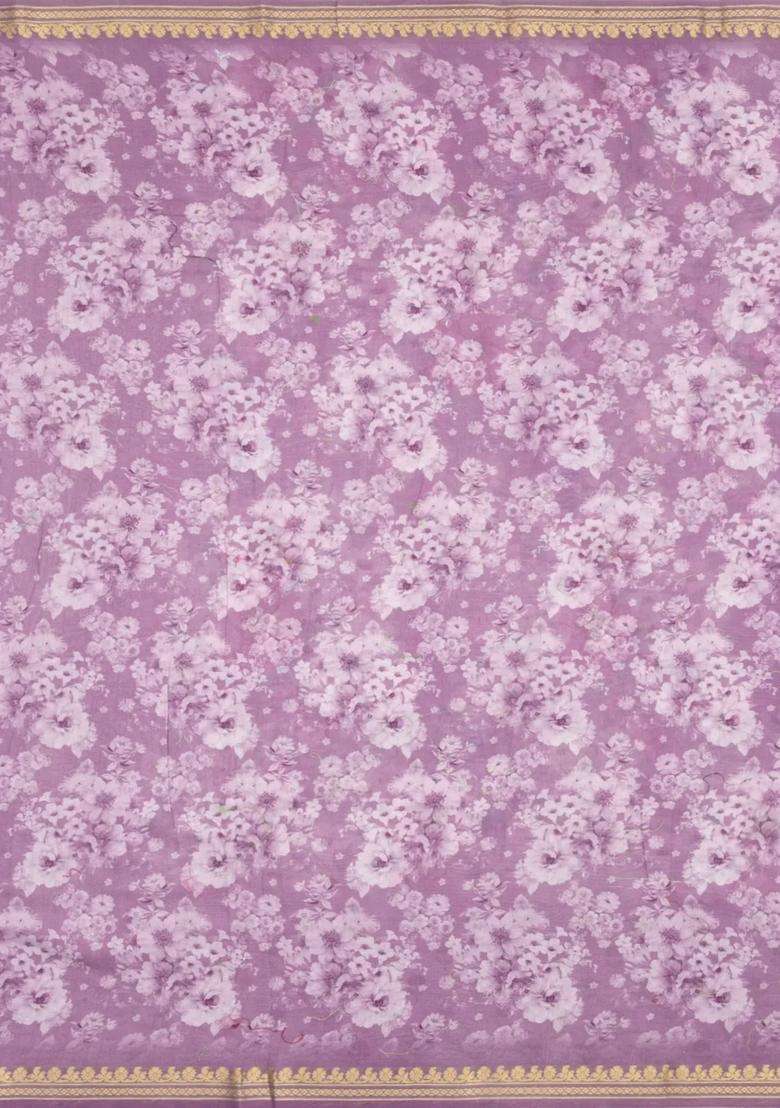 Lilac Printed Chanderi Cotton Saree With Floral Motifs For Women - Indya