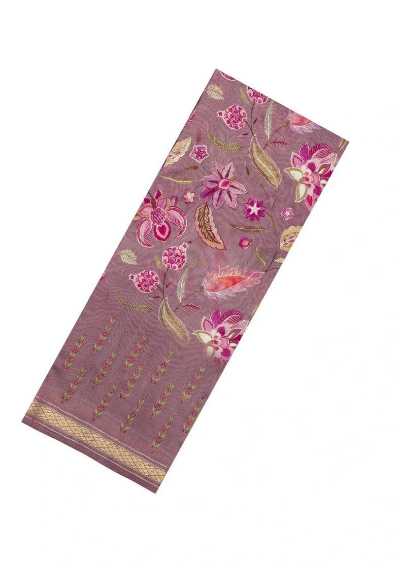 Lilac Printed Chanderi Cotton Saree With Floral Motifs For Women - Indya