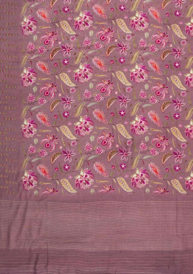 Lilac Printed Chanderi Cotton Saree With Floral Motifs For Women - Indya