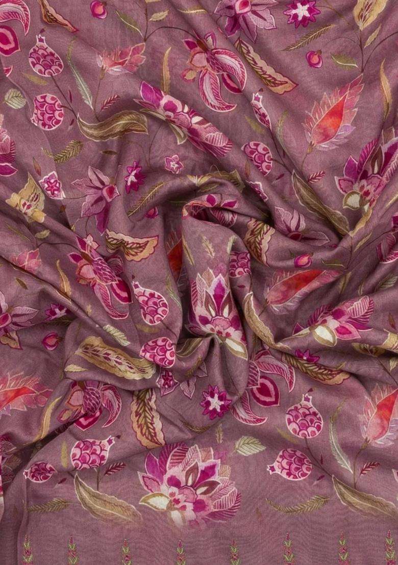 Lilac Printed Chanderi Cotton Saree With Floral Motifs For Women - Indya