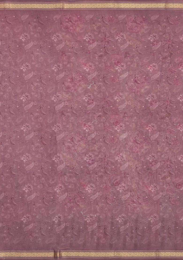 Lilac Printed Chanderi Cotton Saree With Floral Motifs For Women - Indya
