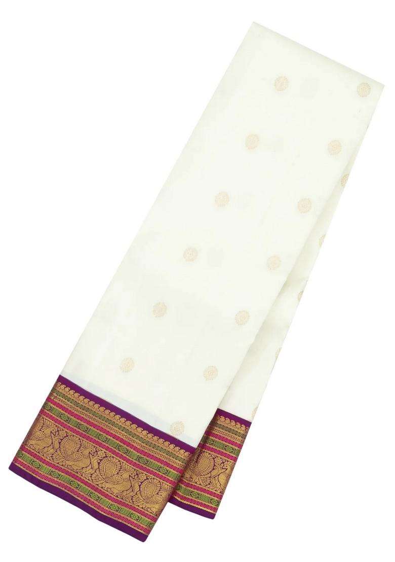 White Handloom Korvai Kanchipuram Silk Saree With Zari Buttas With Korvai And Temple Border Design For Women - Indya