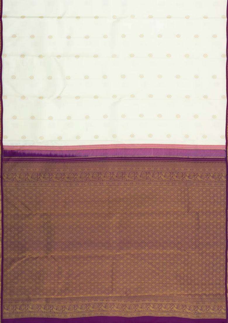 White Handloom Korvai Kanchipuram Silk Saree With Zari Buttas With Korvai And Temple Border Design For Women - Indya