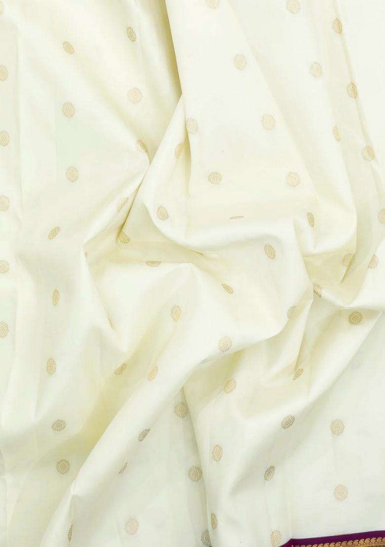 White Handloom Korvai Kanchipuram Silk Saree With Zari Buttas With Korvai And Temple Border Design For Women - Indya