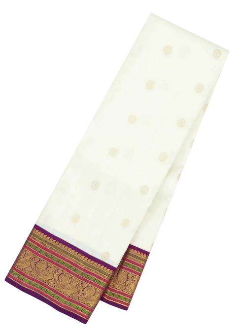 White Handloom Korvai Kanchipuram Silk Saree With Zari Buttas With Korvai And Temple Border Design For Women