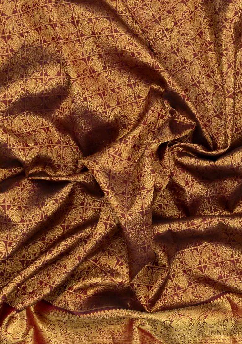 Maroon Handloom Kanchipuram Silk Saree With Annam Motifs With Buttas And Brocade Design For Women - Indya