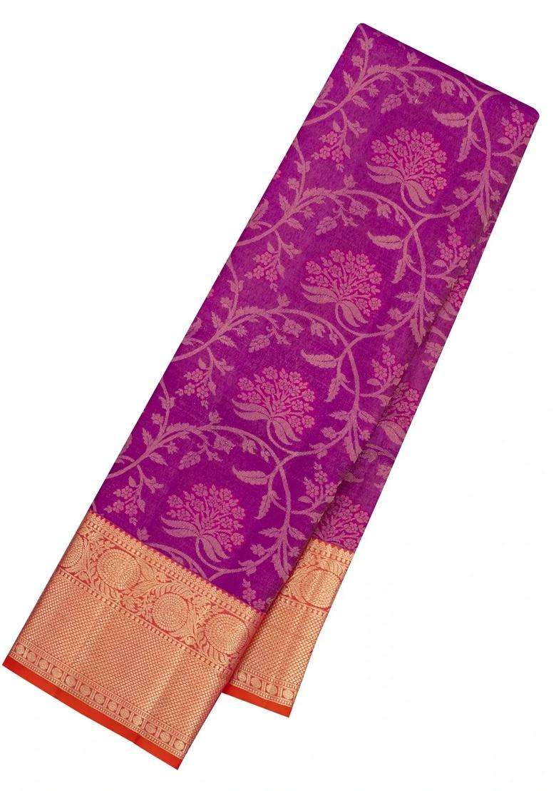 Purple Handloom Kanchipuram Silk Saree With Floral Vine Motifs With Buttas And Brocade Design For Women - Indya