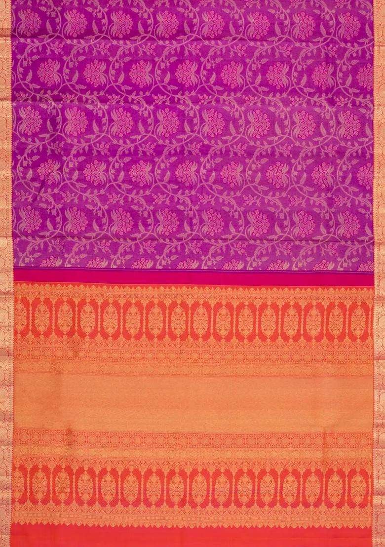 Purple Handloom Kanchipuram Silk Saree With Floral Vine Motifs With Buttas And Brocade Design For Women - Indya