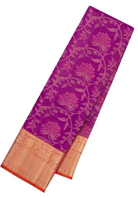 Purple Handloom Kanchipuram Silk Saree With Floral Vine Motifs With Buttas And Brocade Design For Women