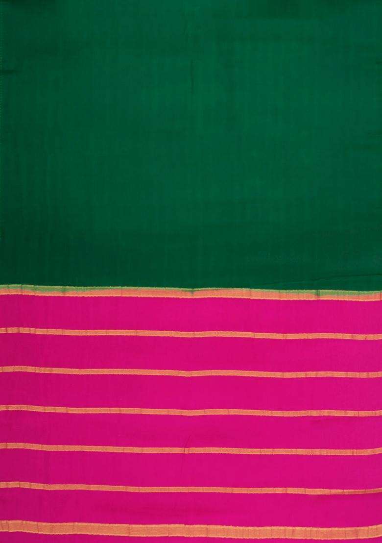 Dark Green Woven Mysore Silk Saree With Contrast Border With Traditional Woven Design For Women - Indya