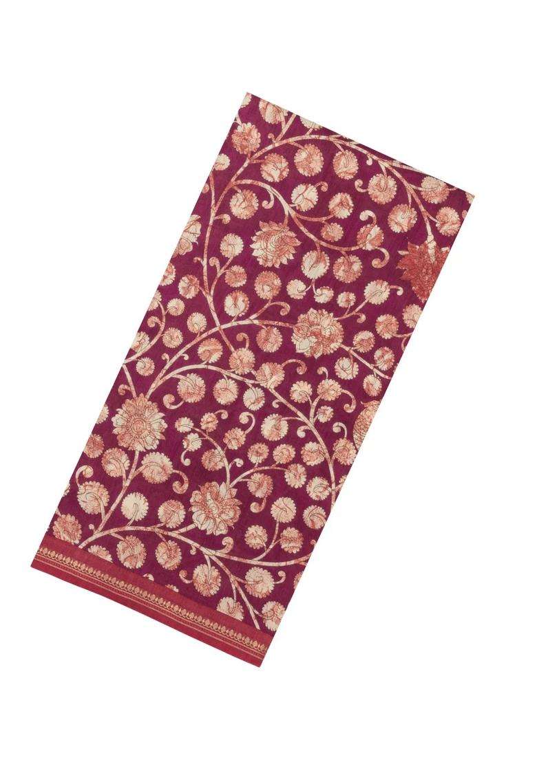 Burgundy Burugndy Printed Tussar Silk Saree With Kalamkari Motifs For Women - Indya