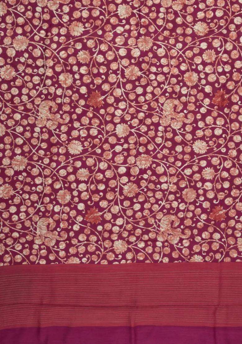 Burgundy Burugndy Printed Tussar Silk Saree With Kalamkari Motifs For Women - Indya