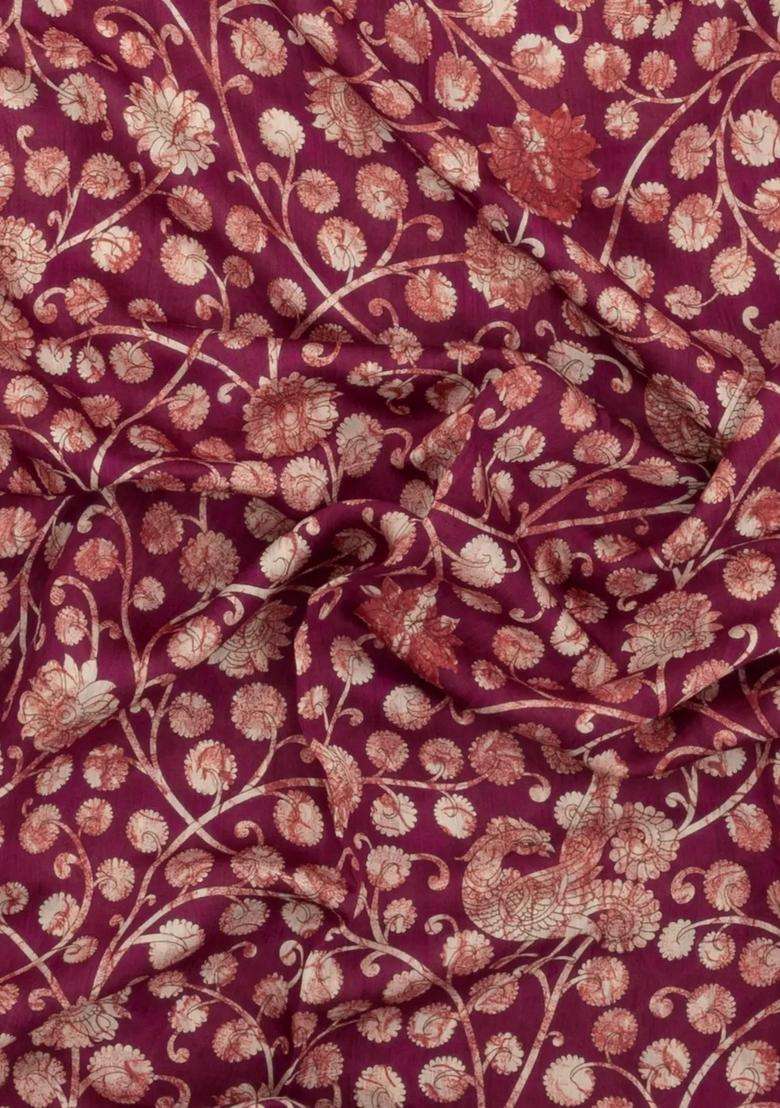 Burgundy Burugndy Printed Tussar Silk Saree With Kalamkari Motifs For Women - Indya