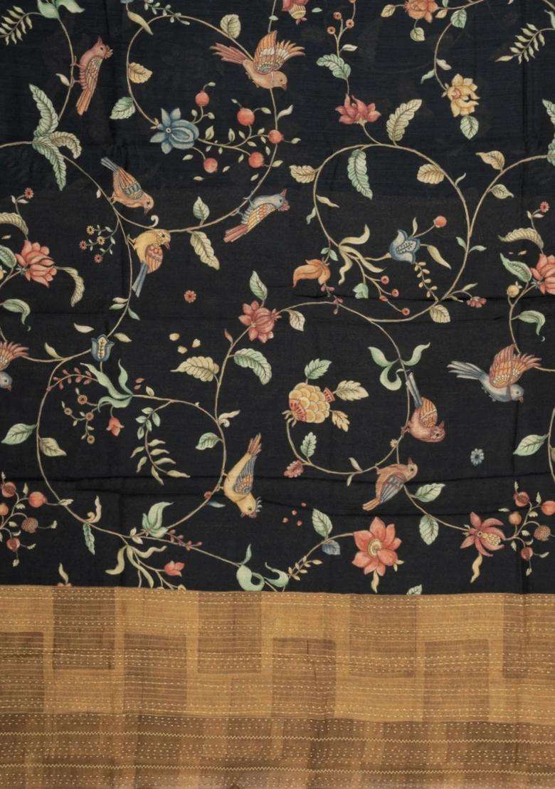 Black Printed Tussar Silk Saree With Kalamkari Motifs For Women - Indya