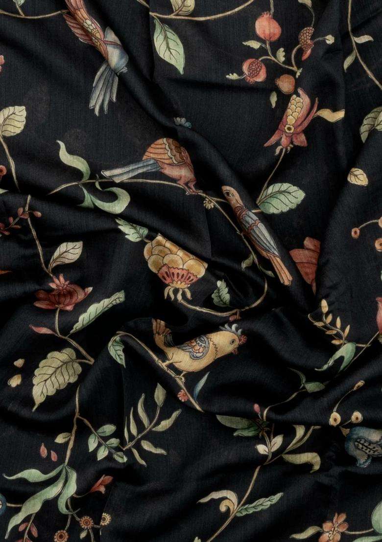 Black Printed Tussar Silk Saree With Kalamkari Motifs For Women - Indya